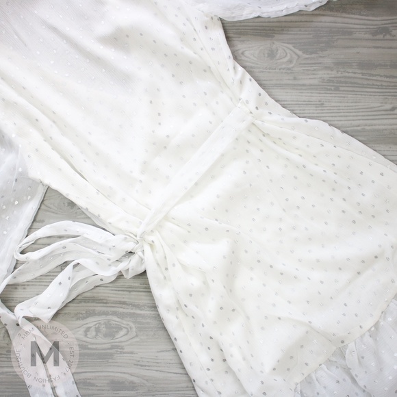 White Silver Dots Ruffle Hem Wrap Dress - Picture 8 of 9